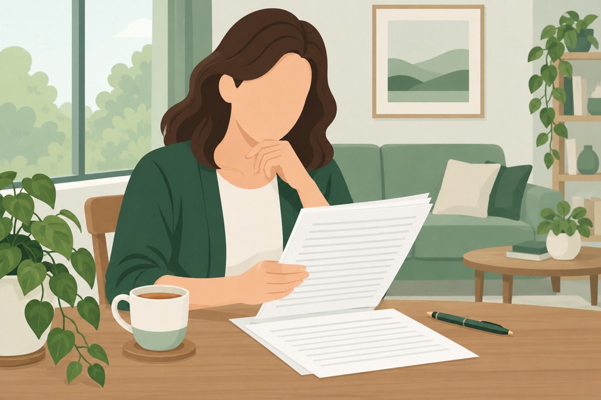 自宅のテーブルで書類を読み、考えている人のイラスト