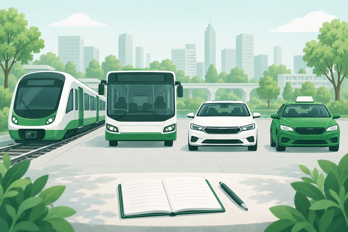 電車・バス・自家用車・タクシーと、記録用のノートのイラスト