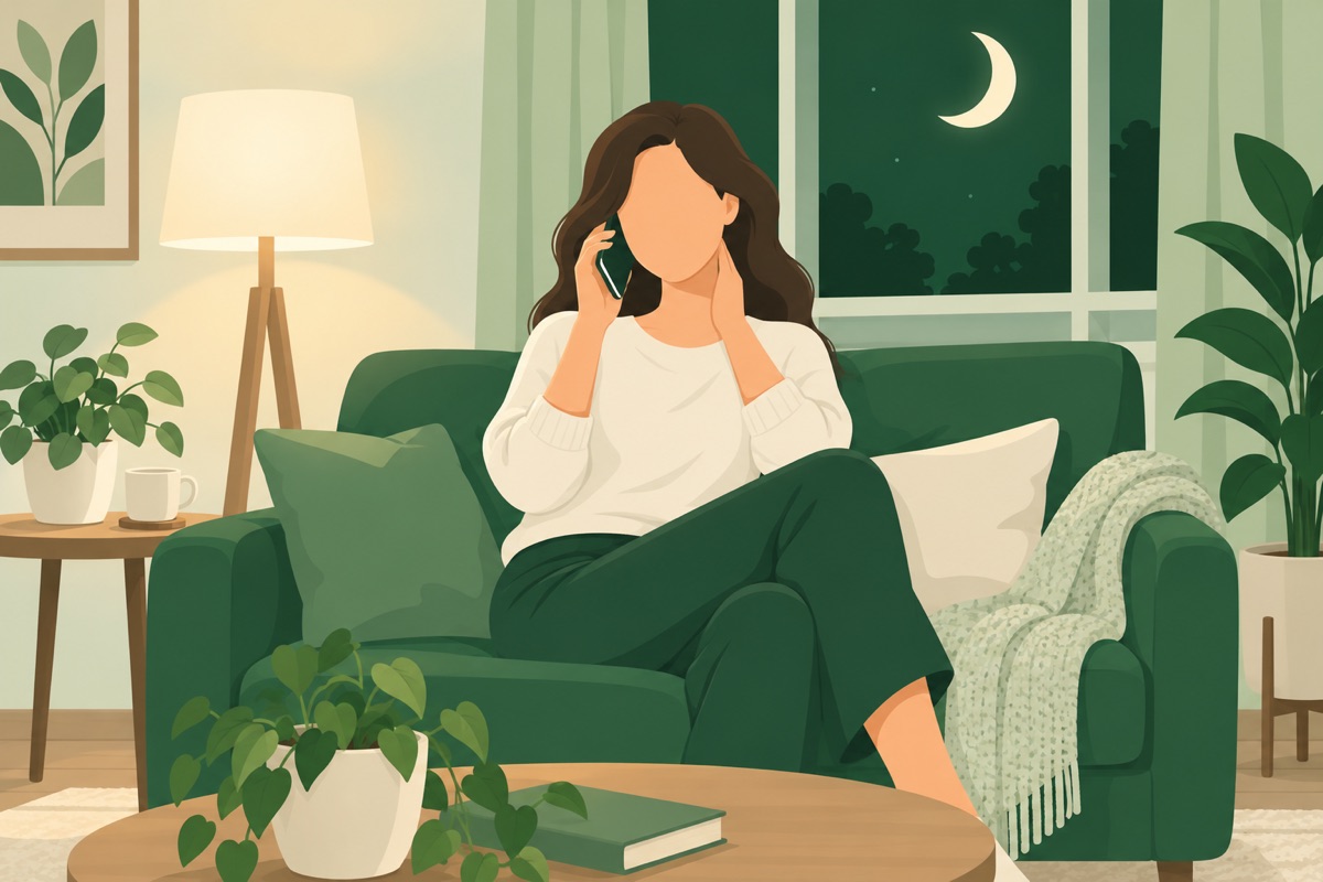夜に自宅のソファで首に手を当てて電話をしている人のイラスト