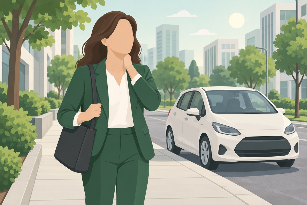 通勤の途中、歩道で首に手を当てている人と車のイラスト